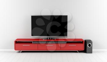 Tv with soundbar and subwoofer on tv stand 