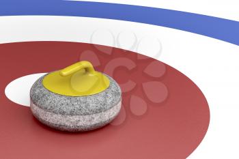 Curling stone with yellow handle in the center of target area 