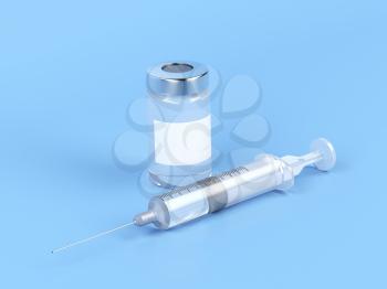 Medical vial and syringe on blue background 