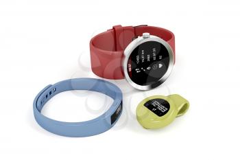 Smartwatch and activity trackers on white background 