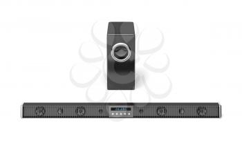Front view of soundbar and subwoofer on white background 