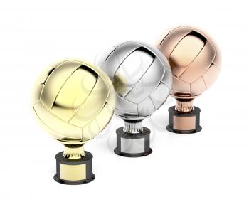 Gold, silver and bronze volleyball trophies on white background