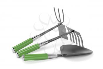 Small rake, garden trowel and hoe on white background