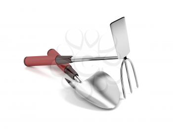 Garden trowel and hoe on white background