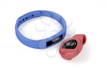 Wristband and clip-on activity trackers on white background 