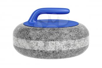 Side view of curling stone with blue handle, isolated on white background