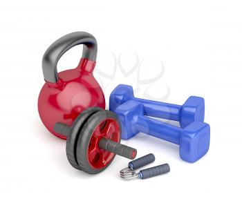 Abdominal toning wheel, hand gripper, pair of dumbbells and kettlebell on white background