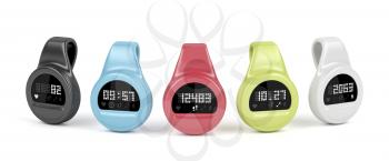 Fitness trackers with different interfaces and colors 