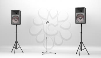Concert stage equipped with two big speakers and a microphone with stand 