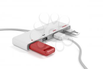 4-port usb hub with connected usb sticks and usb cable