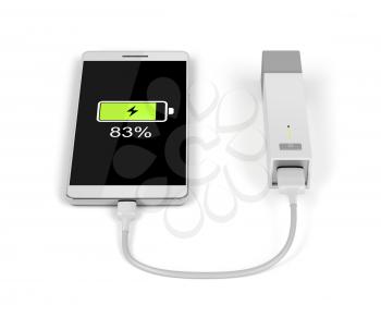Smartphone charging with external battery on white background