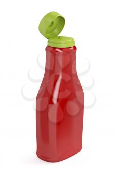 Open ketchup bottle on white background 