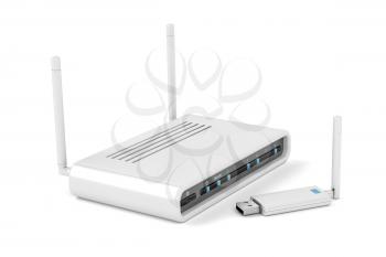 Usb wireless network adapter and router on white background