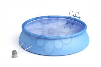Portable swimming pool with ladder and filter pump on white background 