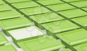 Multiple rows of plastic containers for cream cheese, margarine or butter