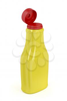 Open plastic bottle for mustard or mayonnaise on white background
