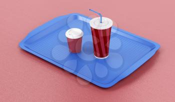 Plastic tray with coffee cup and soft drink on red table 