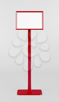 Front view of red info stand on gray background