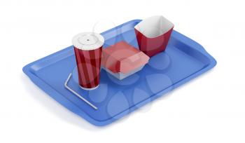 Plastic tray with empty soda cup, sandwich and french fries boxes 
