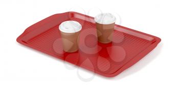 Red plastic tray with two coffee cups on white background 