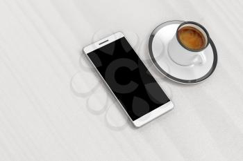 Smartphone and coffee cup on table, top view 