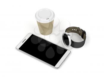 Smartphone, smartwatch and paper coffee cup on white background 