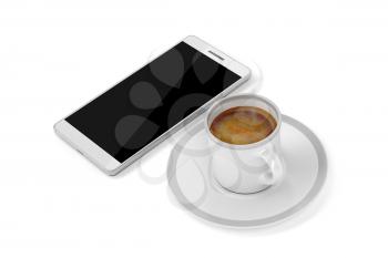 Espresso coffee and smartphone on white background, top view 