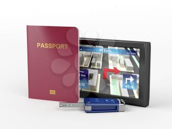 Passport, car key and navigation device on gray background