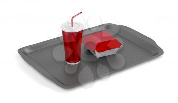 Plastic tray with soft drink and sandwich box on white background 