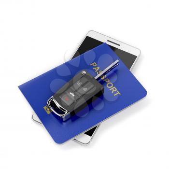Car key, passport and smartphone on white background