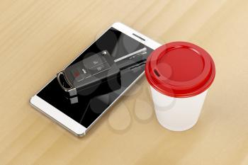 Smartphone, car key and coffee cup on wooden table 
