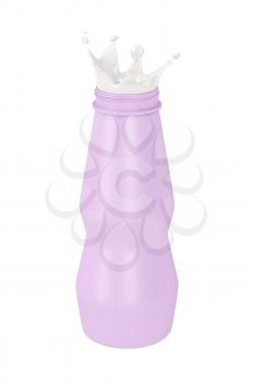 Pink plastic bottle with milk splash, isolated on white background