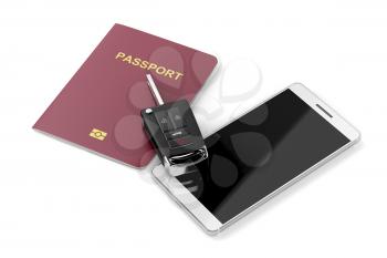 Smartphone, passport and car key on white background
