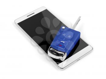 Smartphone and car key on white background