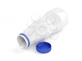 Open plastic bottle with yogurt on white background
