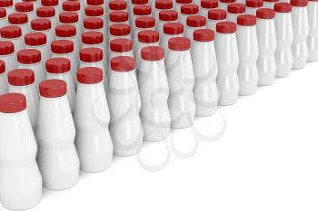 Multiple rows with plastic bottles for yogurt, milk or other liquids