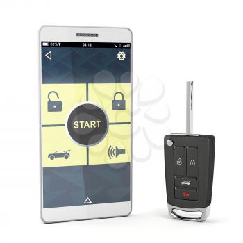Smartphone with car control app and car key on white background