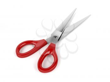Red scissors on white background