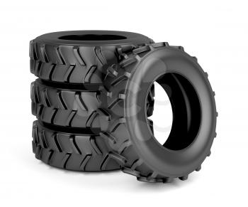 Group of four tires for tractor or machinery on white background 