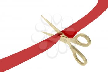 Cutting red ribbon with golden scissors 