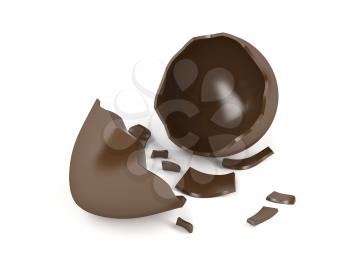 Broken chocolate egg on white background