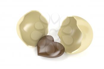 Broken chocolate egg with chocolate heart inside
