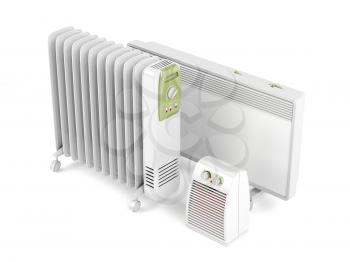 Fan, oil-filled and convection electric heaters on white background