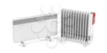Electric convection and oil-filled heaters on white background 