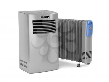 Portable air conditioner and oil-filled electric heater on white background