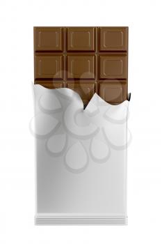 Milk chocolate bar in silver foil isolated on white background 