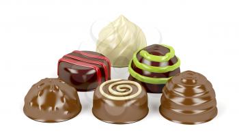 Mix of chocolate candies on white background