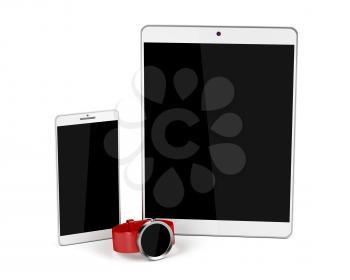 Tablet computer, smartphone and smartwatch on white background 