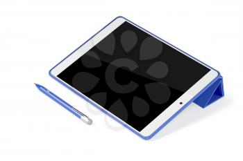 Tablet on stand and digital pen on white background 