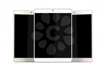 Three tablet computers with different colors on white background 